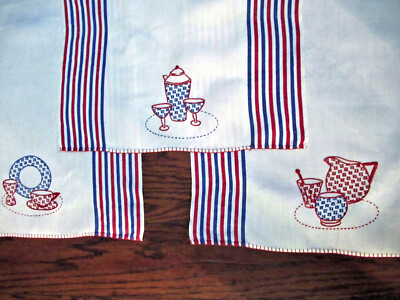 3 Vtg Kitchen Towels Linen Red White Blue Stripe Hand Embroidered Party