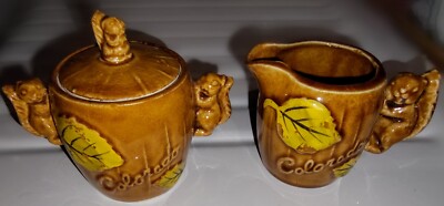 Cream & Sugar Colorado Souvenir Squirrel Japan Vintage Brown Leaves Kitchy Cute