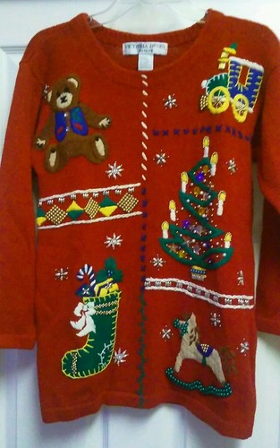 Ugly Christmas Sweater VICTORIA JONES Petite Small RED Teddy Bear XMAS STOCKING - Picture 2 of 12