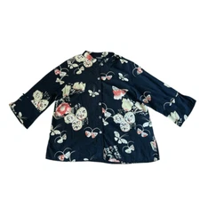 Citron Black Lotus Strawberry Butterfly Print 3/4 Sleeve Silk Blouse Sz 0X