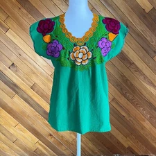 Green Embroidered Traditional Mexican Shirt Top