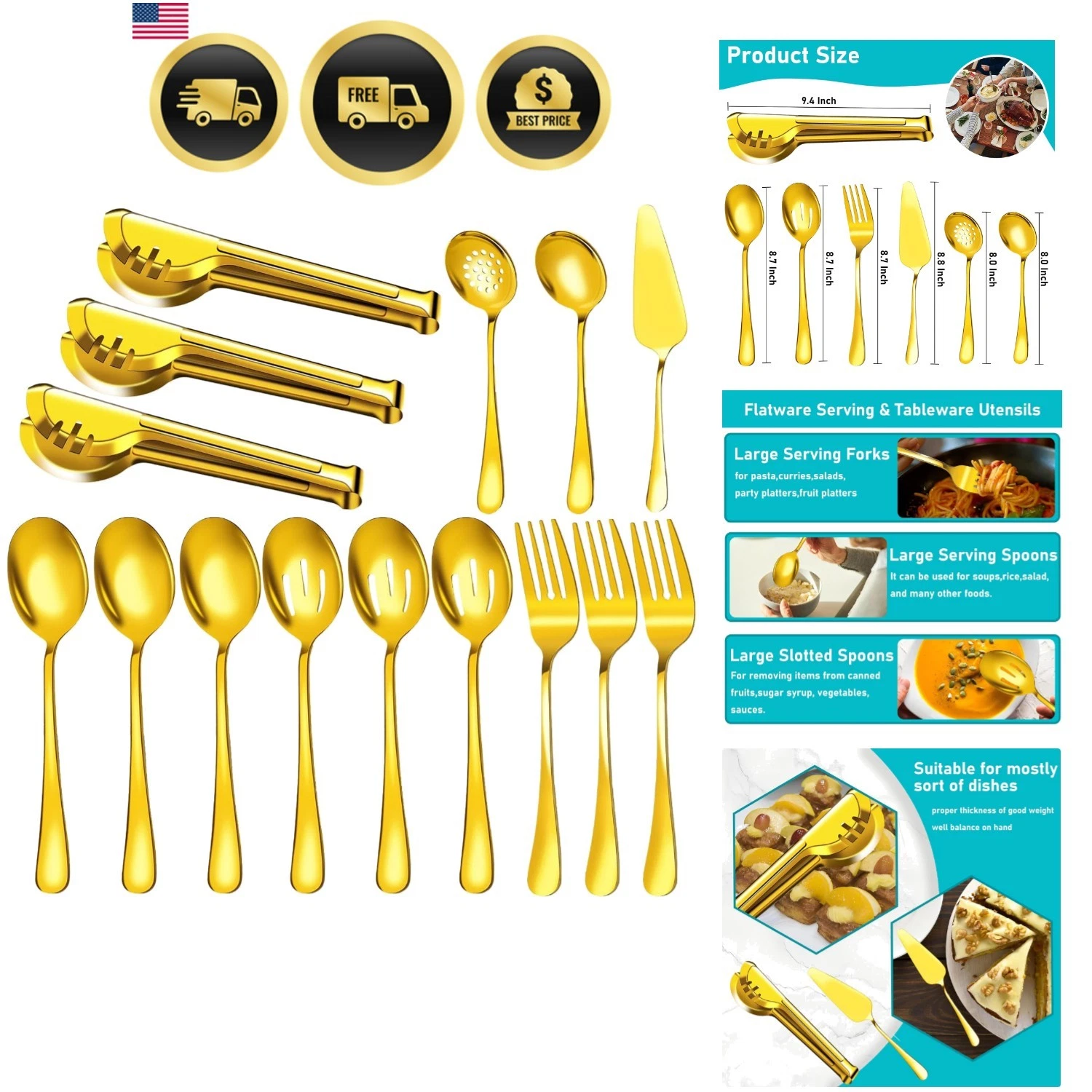 Serving Utensils, 15 Pcs Stainless Steel Large Flatware Serving Tools Kit, In...