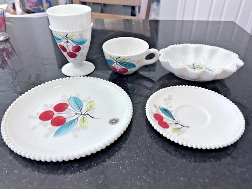 Westmoreland Milk Glass Cherry Pattern Beaded Edge 5pc Set Vintage Hand Painted