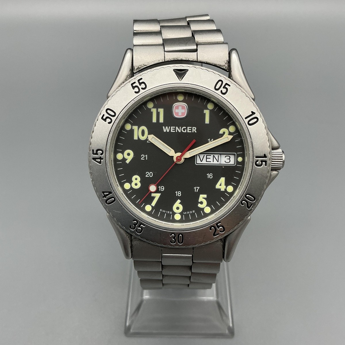 Wenger Mens Watch 38mm Black Dial Day Date 7215X Stainless Swiss