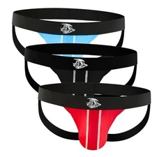 Real Men Nylon Mesh Jockstrap 3 Large B Pouch 3 Pack - Black/Light Blue/Red