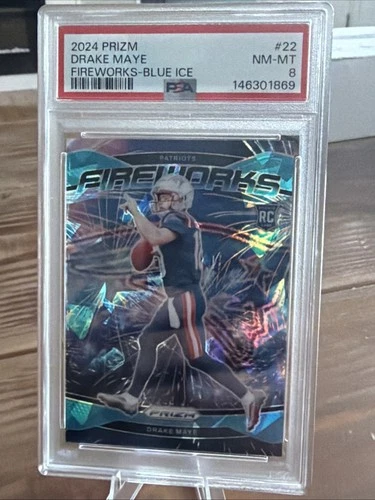 2024 Panini Prizm - Fireworks Drake Maye #22 Blue Ice Prizm /99 (RC)