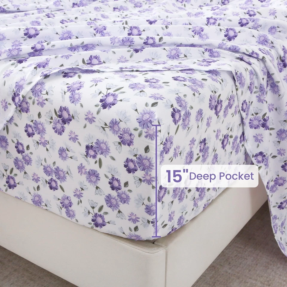 Juego de Sábanas Puple Floral King, Sábana Ajustable Estampada Microfibra 4 Piezas con 15"... Foto 4 de 4
