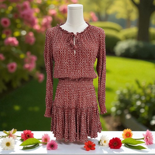 Boho Smocked Mini Dress Rust Ruffle Hem Cottagecore Fall Festival Long Sleeve