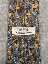 Arrow Carriage Trade Vintage Silk Tie Made in USA Italian Print Blue & Gold