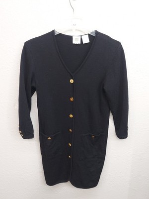 Vtg Madeleine Sweater Dress 10 Black Gold Buttons Wool V Neck Pockets Career