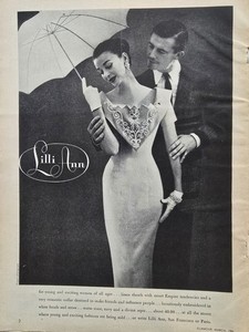 1956 Women's Lilli Ann Linen Dress Romantic Collar Umbrella Vintage Fashion Ad 