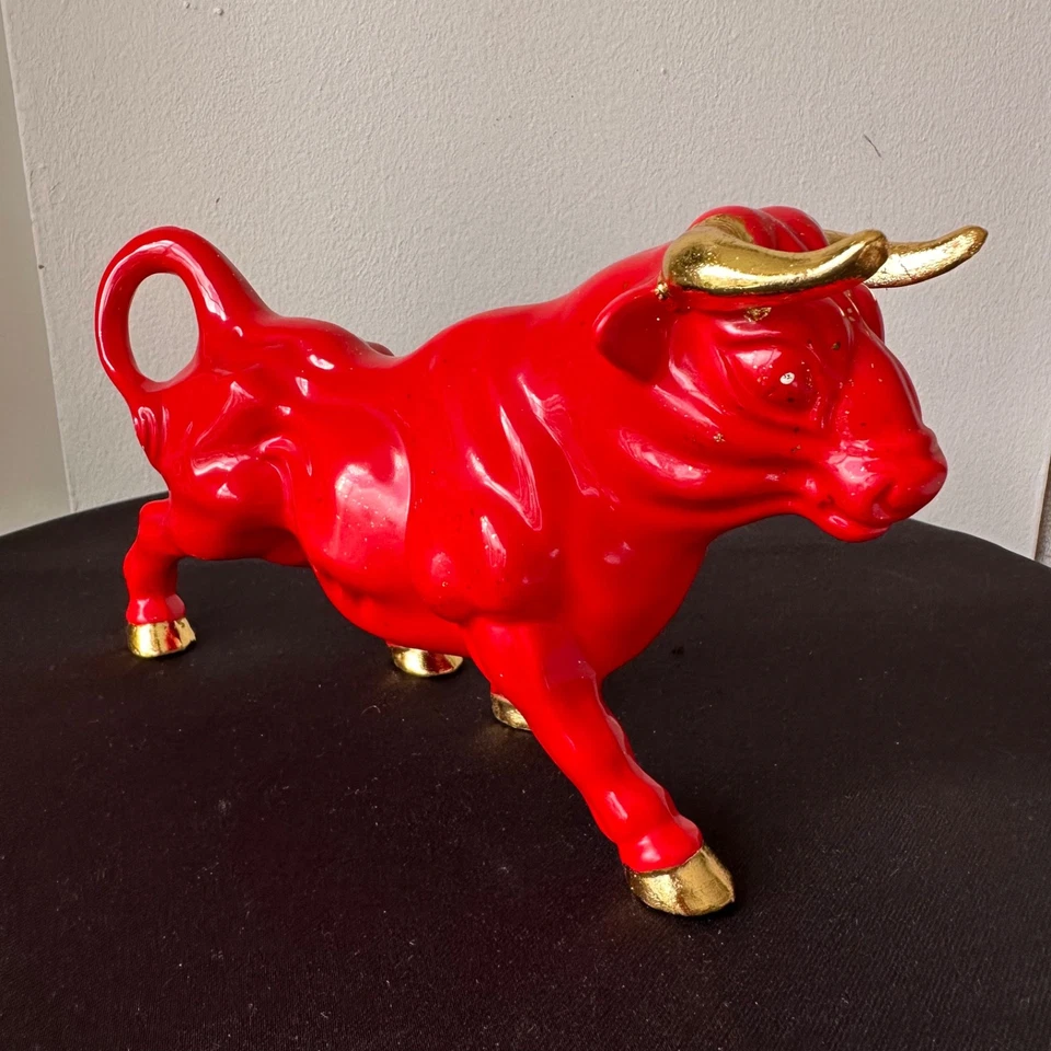 Vintage MCM Red and Gold Ceramic Charging Bull Figurine Made in Japan - Image 3 of 4