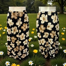 Chaus, Woman, Long Skirts,Floral,Beige-Black,Sz M, Buttons,Rayon.