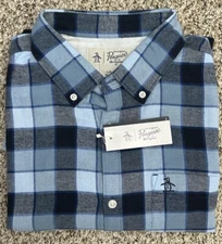 New Penguin Mens Blue Button Down Plaid Long Sleeve Shirt Sz LARGE