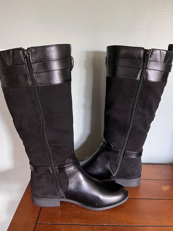 Botas de montar Liz Claiborne para mujer Roma de tacón plano a media pantorrilla negras talla 9 Foto 3 de 4