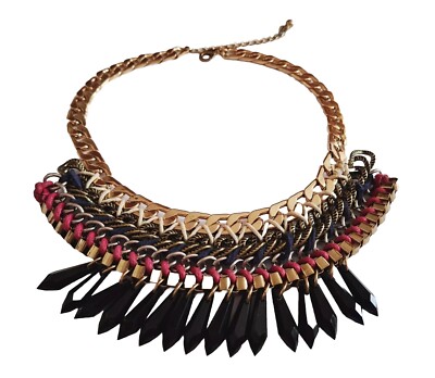 Halskette Gold Stil Vintage Handmade Bestickt Mehrfarbig Künstliche Edelsteine Schwarz