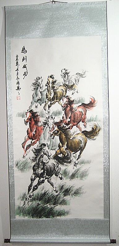 Chinese Scroll Hand Painting About Eight Horse Greeting Chinese Scroll Hand Painting About Eight Horse Greeting