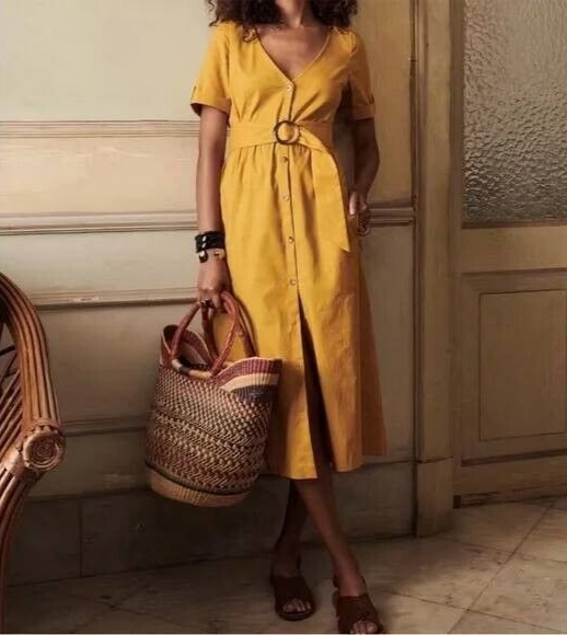 Sezane MARIANNE Dress Curry Golden Yellow Midi Dress Belted Buttons Size 34 Sezane MARIANNE Dress Curry Golden Yellow Midi Dress Belted Buttons Size 34