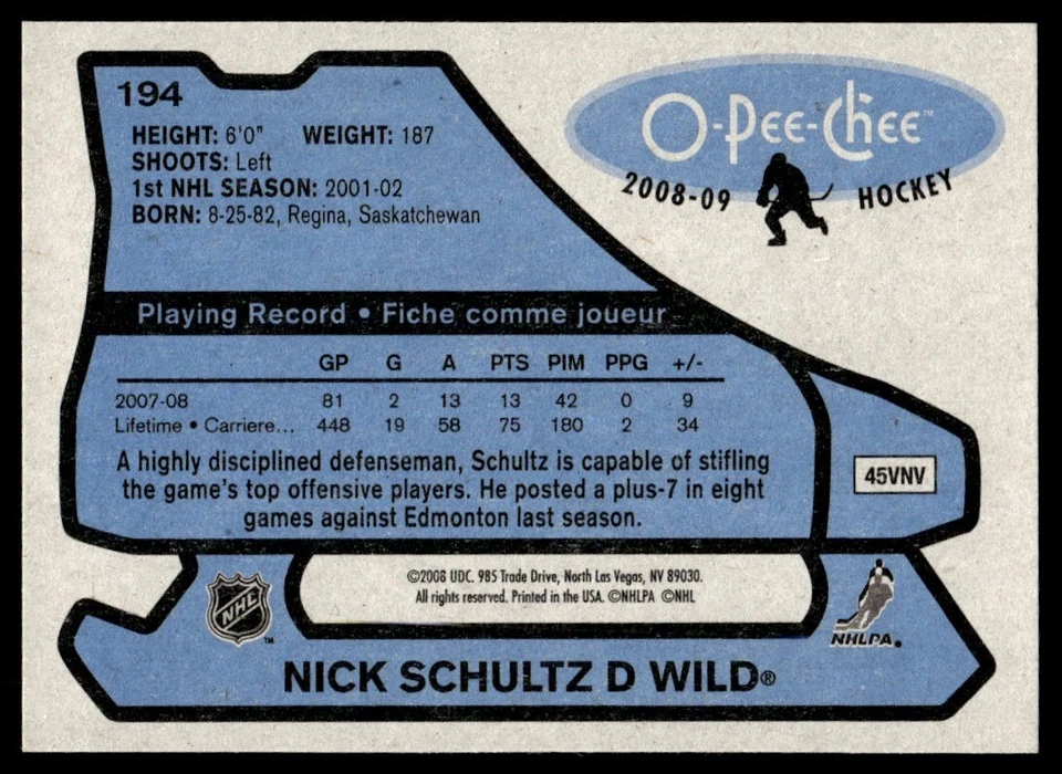 2008-09 O-Pee-Chee 1979-80 Retro Nick Schultz Minnesota Wild #194 - Image 2 of 2