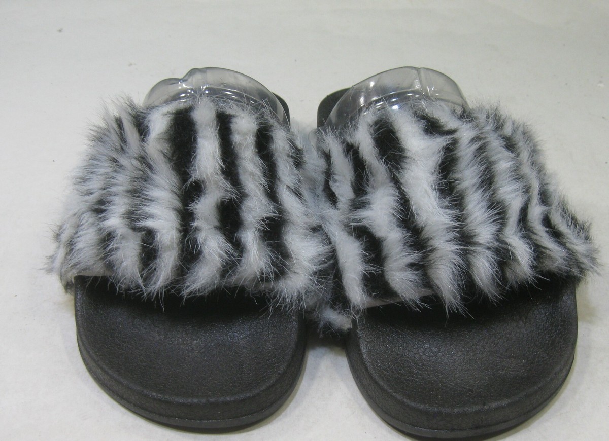 new BLACK WHITE ZEBRA Slip On slipper FURRY Sandals OPEN TOE