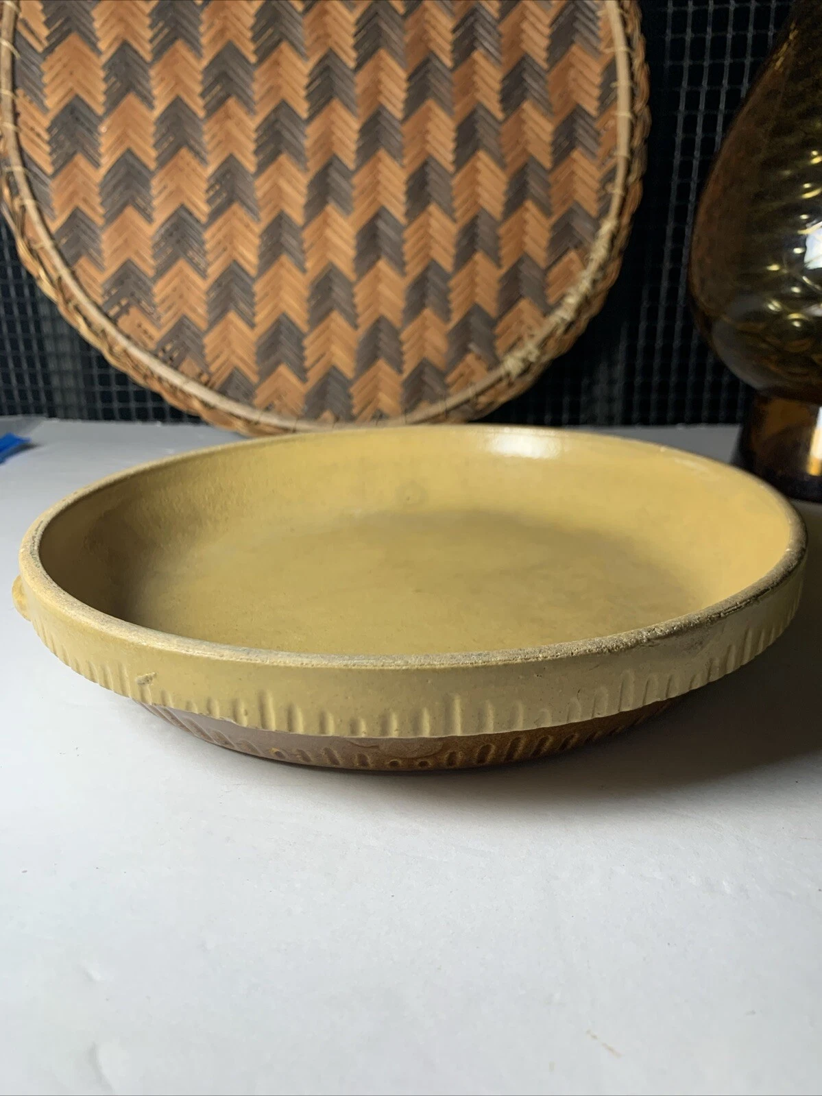 Vtg Stoneware Pie Dish Plate Beige Brown Cook Ware~ 8.75” USA Rustic Country