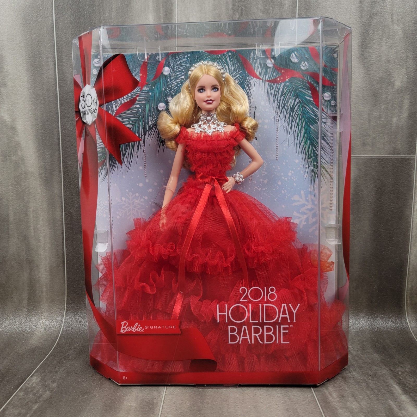 2018 Barbie Signature 30th Anniversary Holiday Barbie Doll Red Gown Blond Mattel