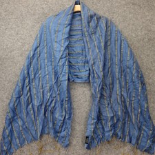 Blue Silk Scarf Womens Gold Striped Shawl Wrap Fringe Summer Light Boho 24x70