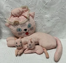 VTG Handmade Pink & White Gingham Ragdoll Plush Cat w/ Nursing Kittens CUTE