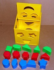 Vintage Playskool Form Fitter Shape Sorter Yellow Cube 15 Shapes Toy
