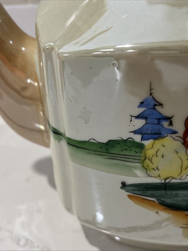 Vintage Teapot Trees Scenery Hand Painted Peach Lusterware Art Deco Japan - Picture 14 of 14
