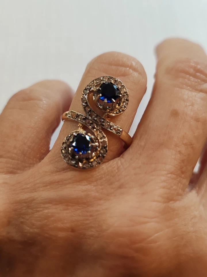 Bague toi et moi ancienne or 18 carats saphirs et diamants taille ancienne - Photo 3/4