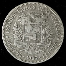 1903 Venezuela Silver 5 Bolivars, Very Low Mintage, Minted in Philadelphia