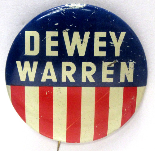 large 1948 DEWEY WARREN PRESIDENT 2.25" tin litho pinback button ^