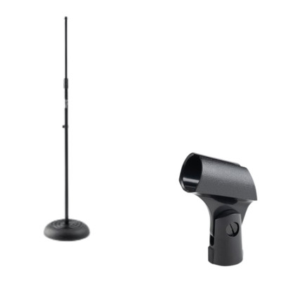 Round-Base Microphone Stand + Euro-Style Vocal Mic Clip Studio Recording Bundle