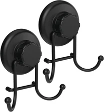 2 Pack Black Suction Cup Hooks, Shower, SS304 Stainless Steel, Wall Mounted