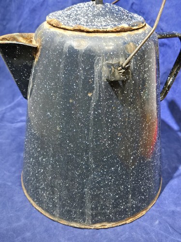 Very Large Vintage Enamel Ware Blue-White Speckled Cowboy Coffee Kettle Pot - Picture 11 of 24