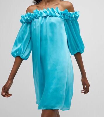 $329 Trina Turk Women's Blue Ruffle Off-Shoulder Gateway Shift Dress Size XS