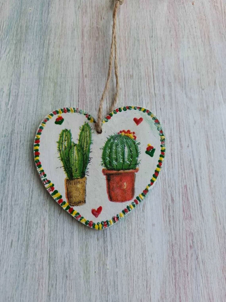 Cactus Heart Ornament Boho room decor Green nursery Succulent Rustic Small gifts - Image 3 of 4