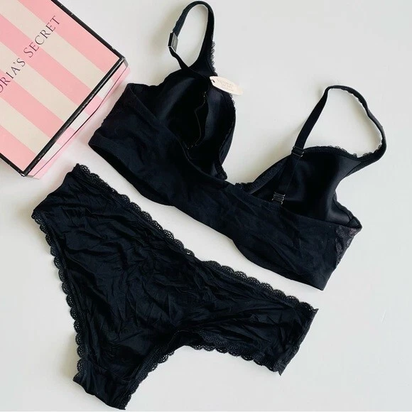 38C GRANDE Victoria’s Secret VINTAGE Conjunto Sujetador Negro Hiphugger Bragas Foto 4 de 4