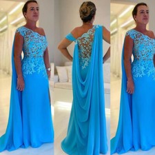 Blue Chiffon Mother Of The Bride Dresses Lace Side Split One Shoulder With Wrap