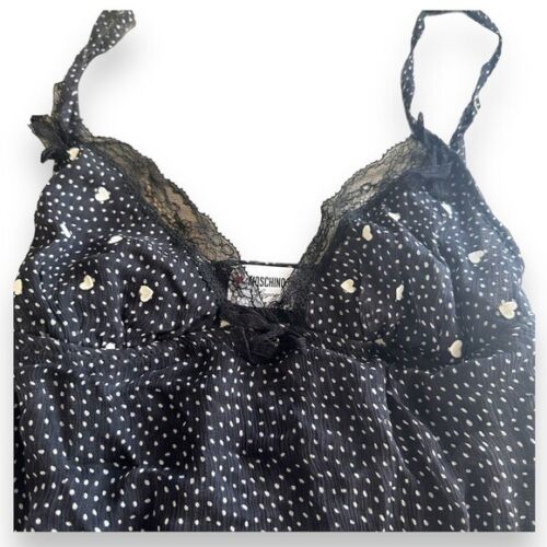 Moschino Chiffon Silk Lace BLK WHT Heart Polka Dot Bustier Cami Top XS or XSS