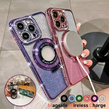 For iPhone 16 Pro Max 14 13 12 11 Glitter Diamond Mag safe Magnetic Stand Case