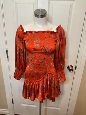 Alexis Dark Orange Multicolor Floral Off Shoulder Drop Waist Dress, Size 0