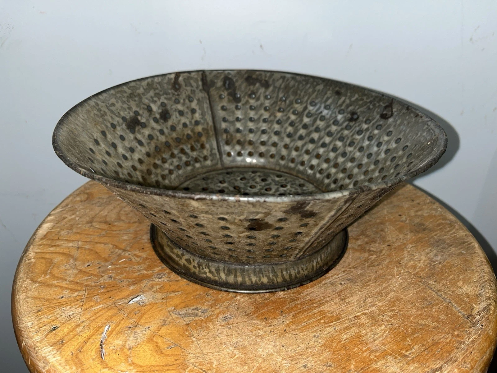 Vintage Enamel Greyish Colander Nice Primitive Decor Piece