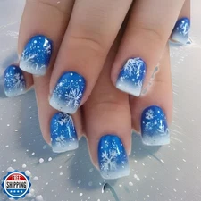 MABKJLF Christmas Short Square Press On Nails - French Tip Winter
