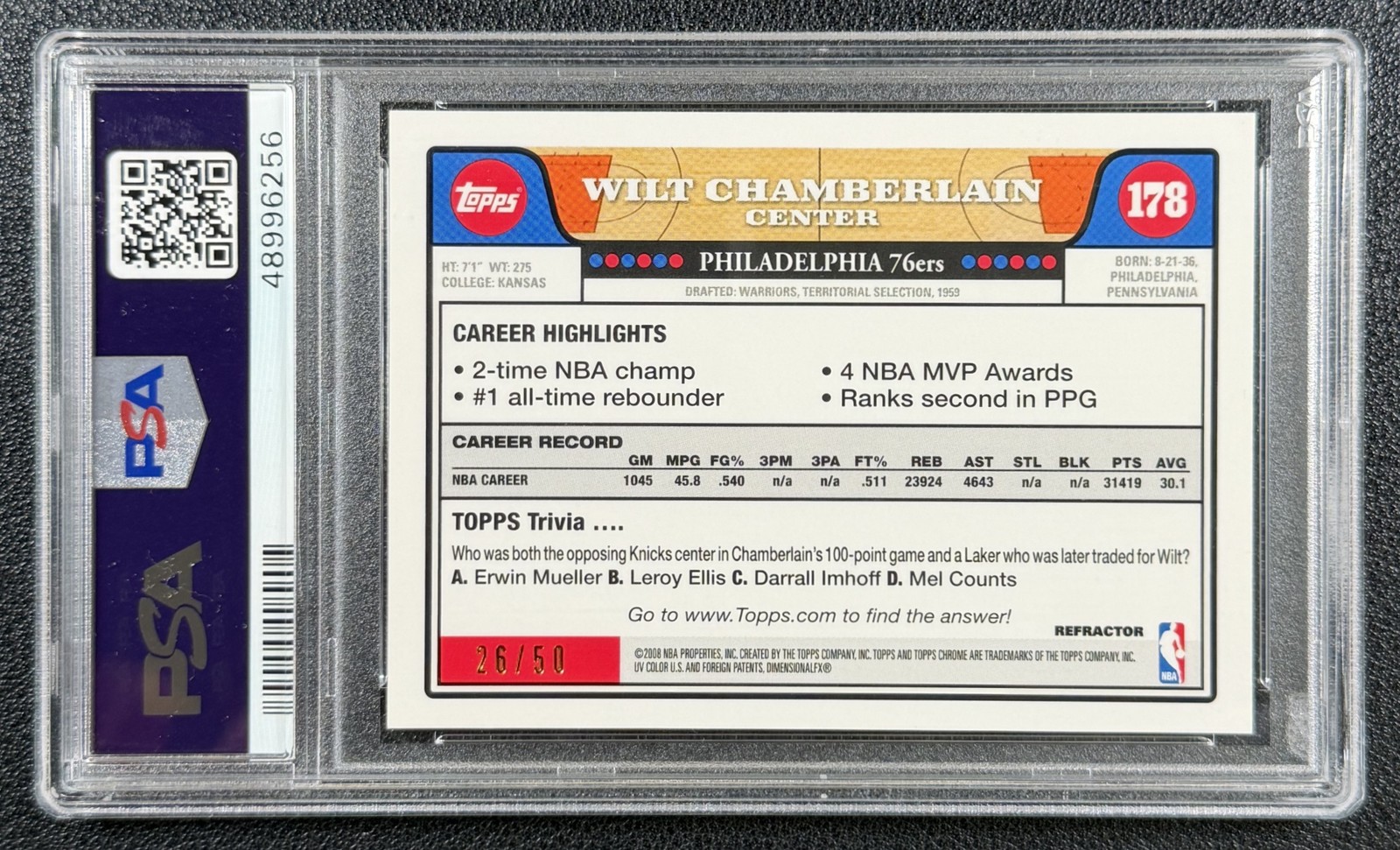 WILT CHAMBERLAIN PSA 9 2008-09 TOPPS CHROME #178 GOLD REFRACTOR 26/50 76ERS 6256 view 2