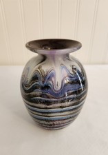 Hand Blown  Signed Art Glass Vase With A Swirling Marbled Striped Design