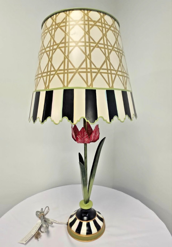 MacKenzie-Childs Style Tulip Table Lamp w/ Shade Black White Stripe Floral