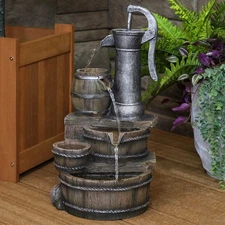 Cozy Farmhouse Pump/Barrel Water Fountain with LED Lights - 23 in by Sunnydaze