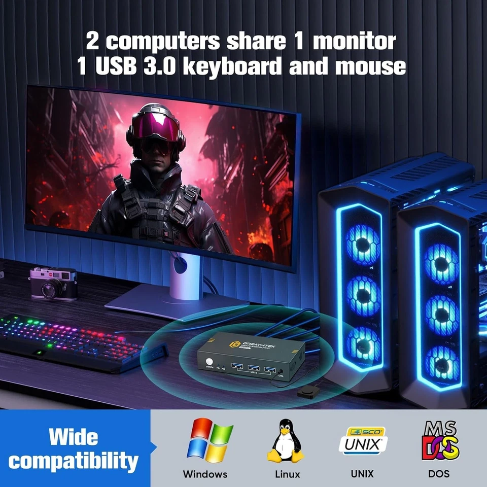 4K60Hz USB 3.0 HDMI KVM Switch 2 PC 1 Monitore, KVM-Switches für 2 Computer t... - Bild 3 von 4